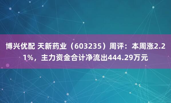 博兴优配 天新药业（603235）周评：本周涨2.21%，主力资金合计净流出444.29万元
